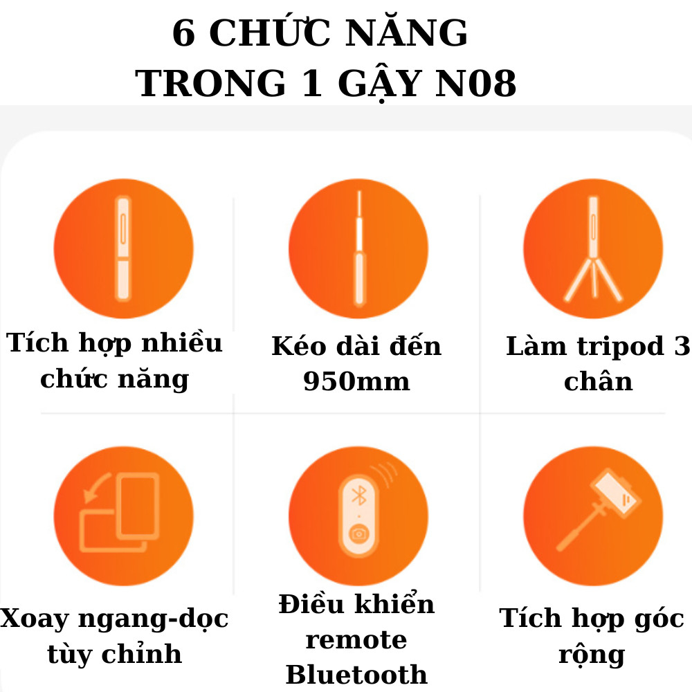 Gậy N08 Tự Sướng Kiêm Tripod 3 Chân Nhỏ Gọn Đa Chức Năng Kèm Remote Bluetooth