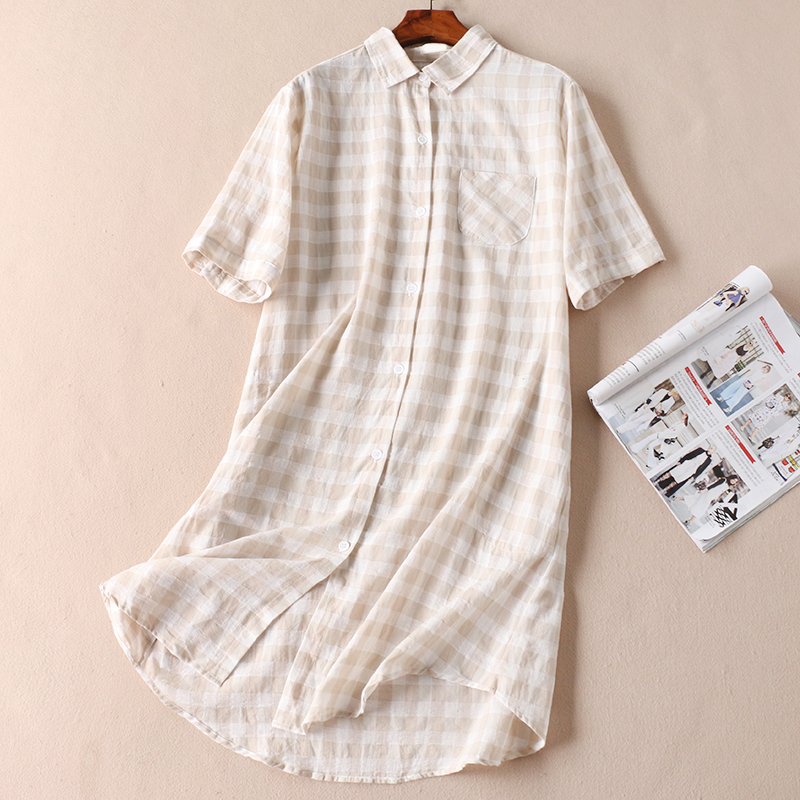 Váy sơ mi dáng ULZZANG đuôi tôm suông tay cộc chất đũi linen, Đầm sơmi kẻ hồng oversize