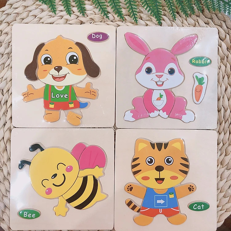 Combo 5 Tranh Ghép Hình Bằng Gỗ 3D Nổi Cho Bé Vừa Xếp Hình Vừa Học Tiếng Anh
