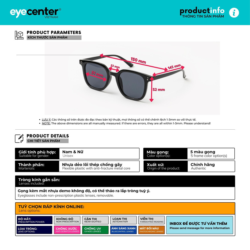 Kính mát nam nữ chính hãng EYECENTER S54S nhựa siêu nhẹ nhập khẩu by Eye Center Vietnam