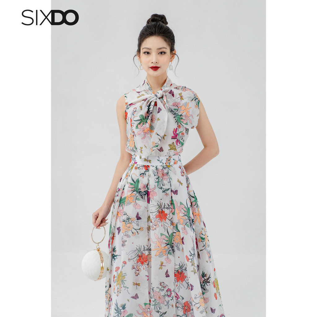 Áo hoa sát nách phối nơ cổ buộc tạo kiểu SIXDO (White Butterfly Bowtie Top)