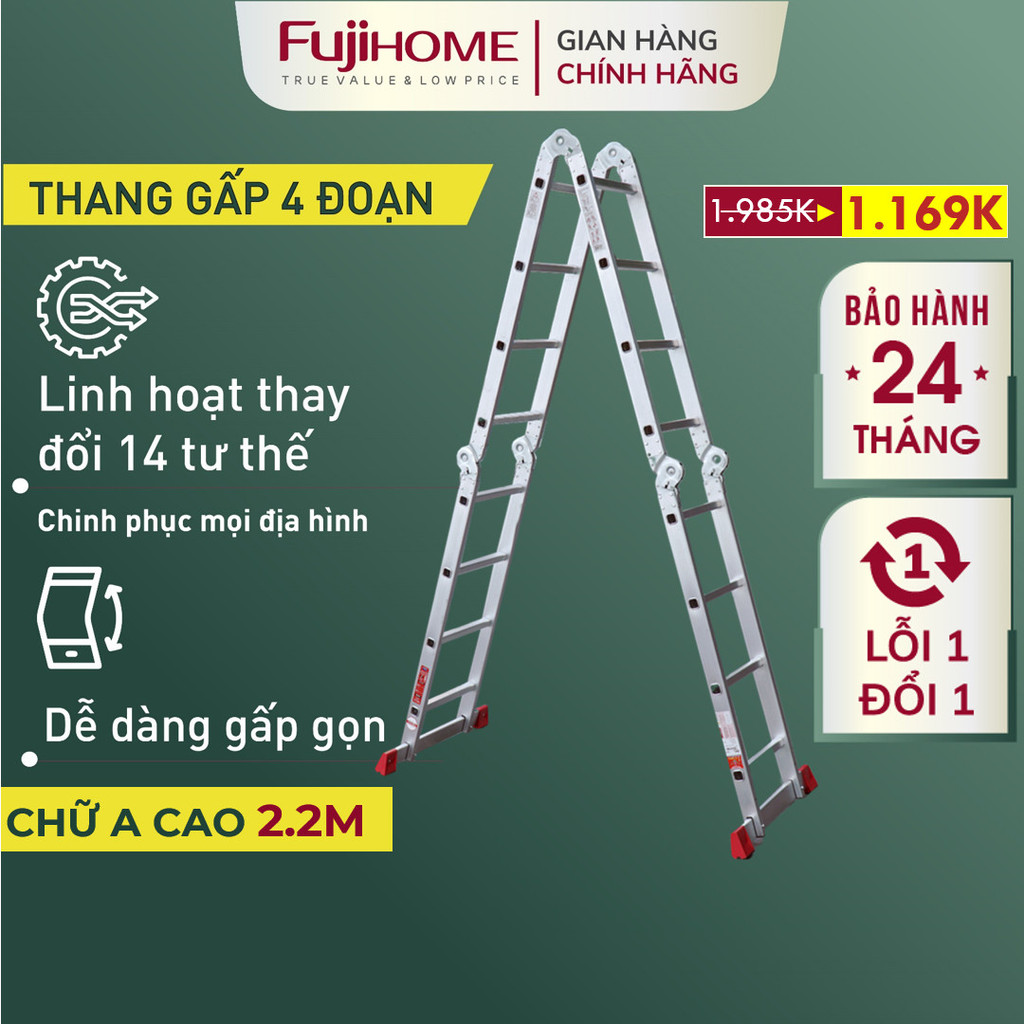 Thang nhôm 3,4 mét gấp 4 đoạn Nhập Khẩu siêu đa năng FUJIHOME, thang 4 khúc gia đình chữ M aluminum ladder