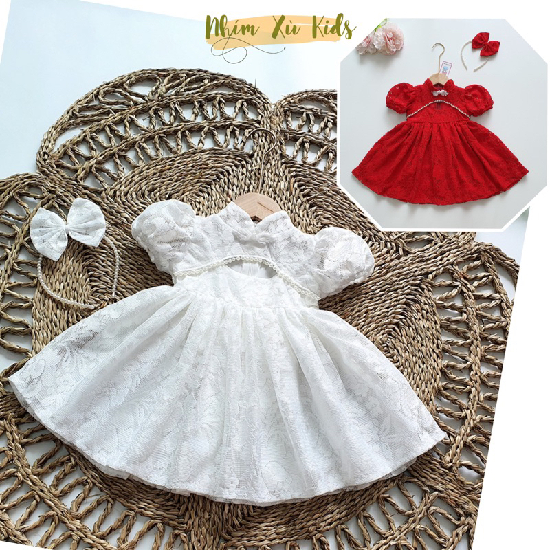 Đầm Váy Đỏ Ren Cổ Tàu 𝐍𝐇𝐈́𝐌 𝐗𝐔̀ 𝐊𝐈𝐃𝐒 Cho Bé Gái 1 Tuổi Đến 5 Tuổi Tay Ngắn Xinh Xắn V084