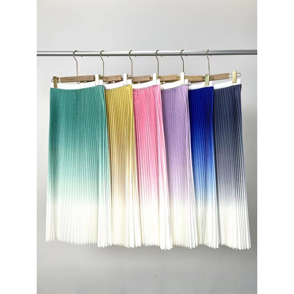 (HÀNG SẴN) Set Áo lò xo cọc tay màu loang trendy và Chân váy thun dập ly trắng thanh lịch, Freesize co dãn nhiều
