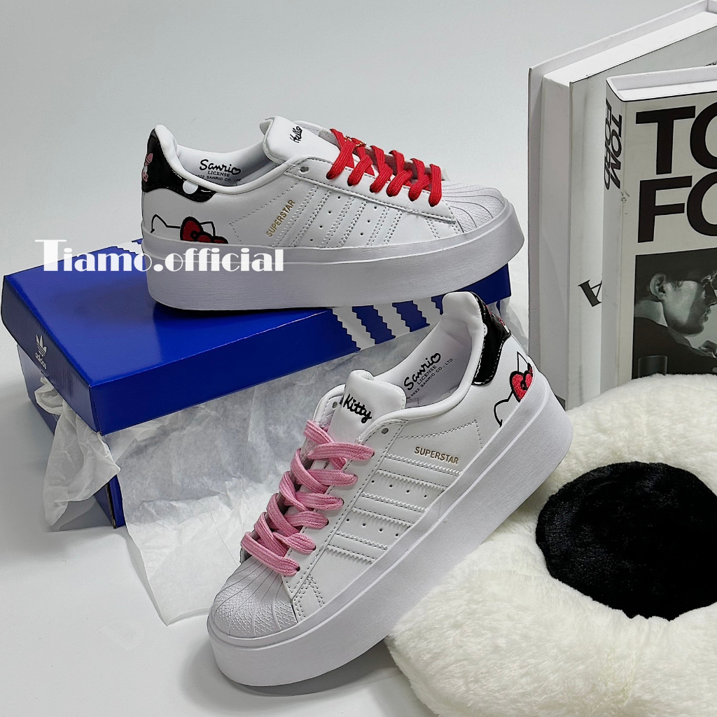Giày Thể Thao Sneaker Adi,das Super Star Mũi Sò Đế Cao Màu Trắng Hello Kitty Cho Nam Nữ