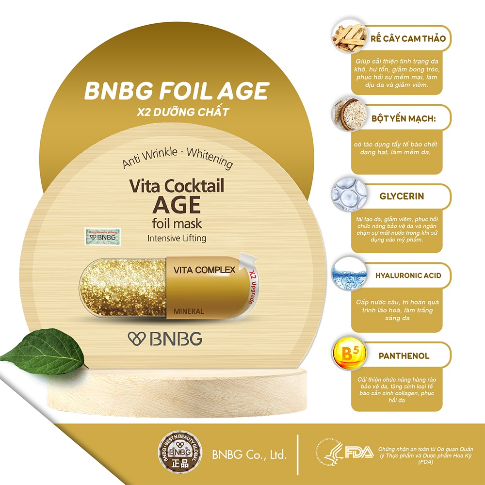 combo 10 mặt nạ BNBG ngừa lão hóa , nâng cơ nhũ vàng Vita Cocktail Age foil mask Npp Tido88