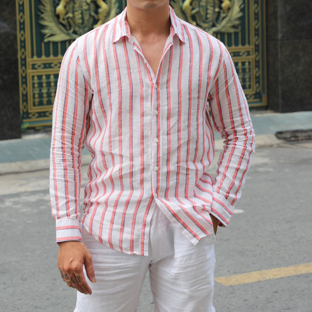Áo Sơmi Tay Dài Nam  Linen Sọc Đơn Giản Thoáng Mát