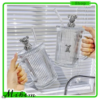 Ly thủy tinh gấu bearbrick - cốc thuỷ tinh decor đính chú gấu có nắp và ống hút thuỷ tinh 450ml. mikem shop