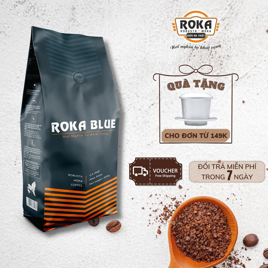 (500 Gram) Cà Phê Rang Xay Nguyên Chất, Vị Đậm Đà Thơm Tự Nhiên Dòng Mộc 100% Robusta - Roka Blue