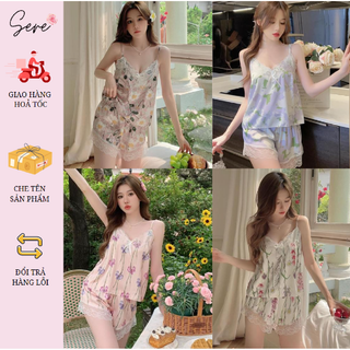 Bộ đồ mặc nhà áo 2 dây quần đùi in hoa hoét chất liệu lụa b01