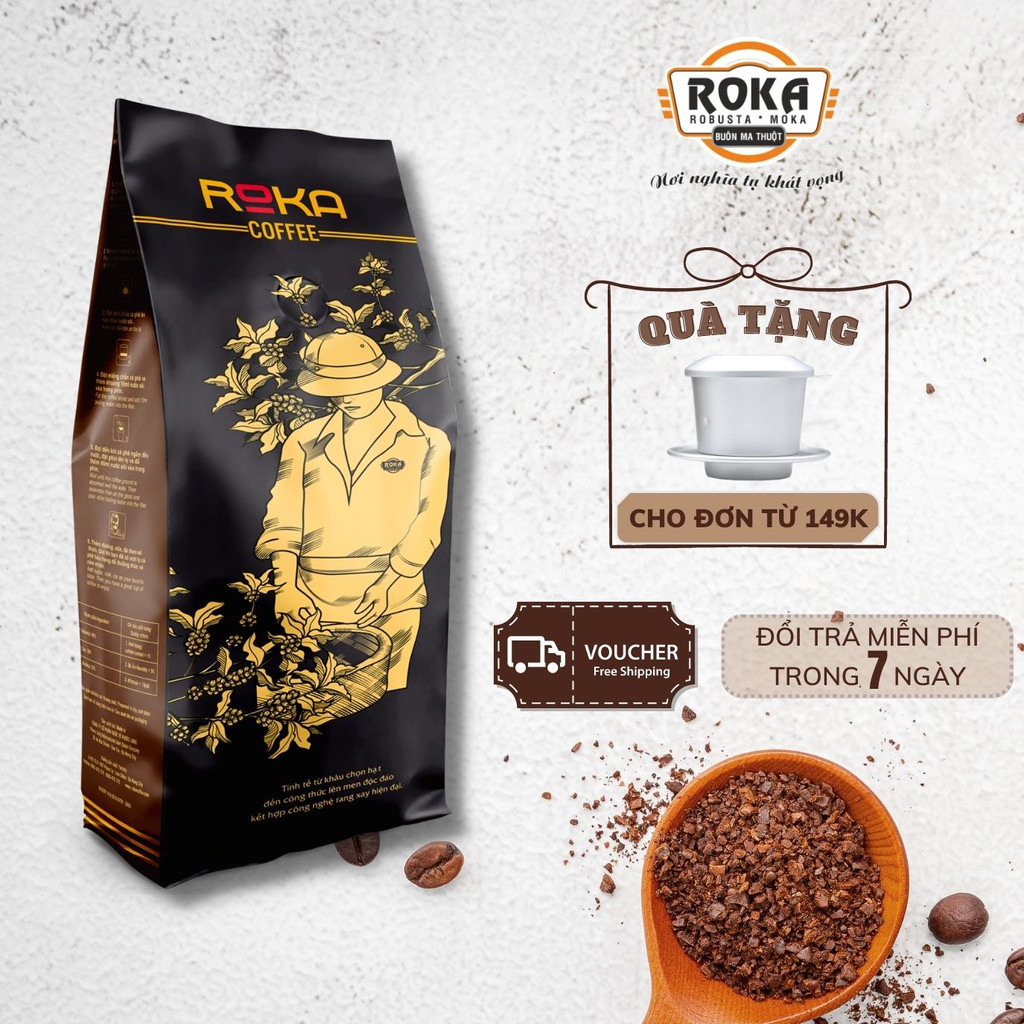 (500 Gram) Cà Phê Rang Xay Nguyên Chất, Kết Hợp Các Dòng Hạt: Moka, Culi, Robusta Tạo Nên Gu Mộc Độc Đáo - Roka Black