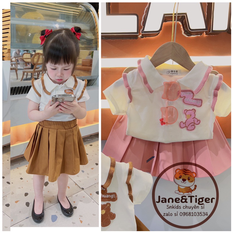 (10-30kg) Set chân váy dập ly áo gấu bé gái Jane SnKids