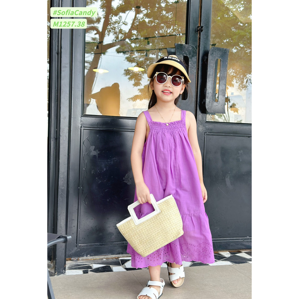 Đầm Maxi Dây Sofia Trơn Màu Tím Phối Ren Ở Tà Bé Gái 10-40KG