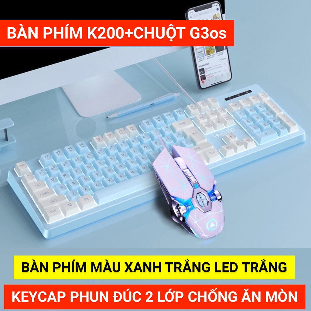 Combo Bàn Phím Chuột Máy Tính Có Dây YINOIAO K200+G3os LED Xuyên Chữ Không Gây Tiếng Ồn Cao Cấp Trắng Đen Hồng Xanh