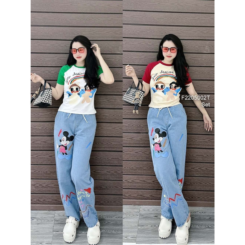Set bộ 2 món áo thun dáng ngắn phối màu in hình chữ kèm quần jean dài in hình mickey!