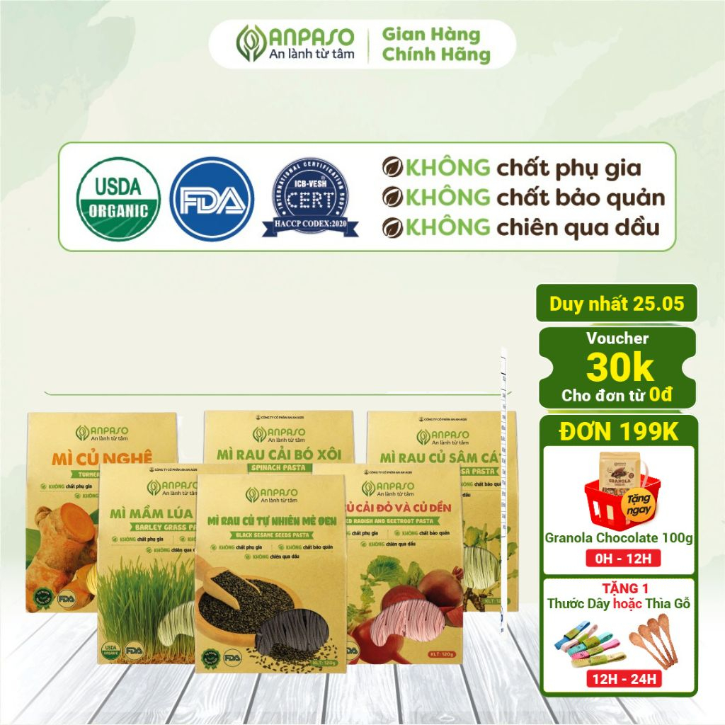 Combo 6 Gói Mix Vị Mì Rau Củ Organic Anpaso 720g Eat Clean Giảm Cân, Ăn Chay, Thực Dưỡng, Bổ Sung Vitamin
