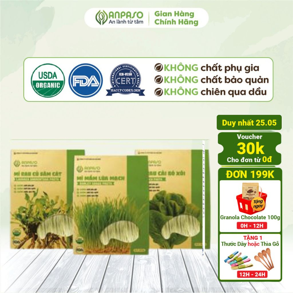 Combo 3 Gói Mì Rau Củ Cải Bó Xôi Hữu Cơ Organic Anpaso, Giảm Cân, Eat Clean, Ăn Chay, Ăn Kiêng, Không Chiên Nóng 900g