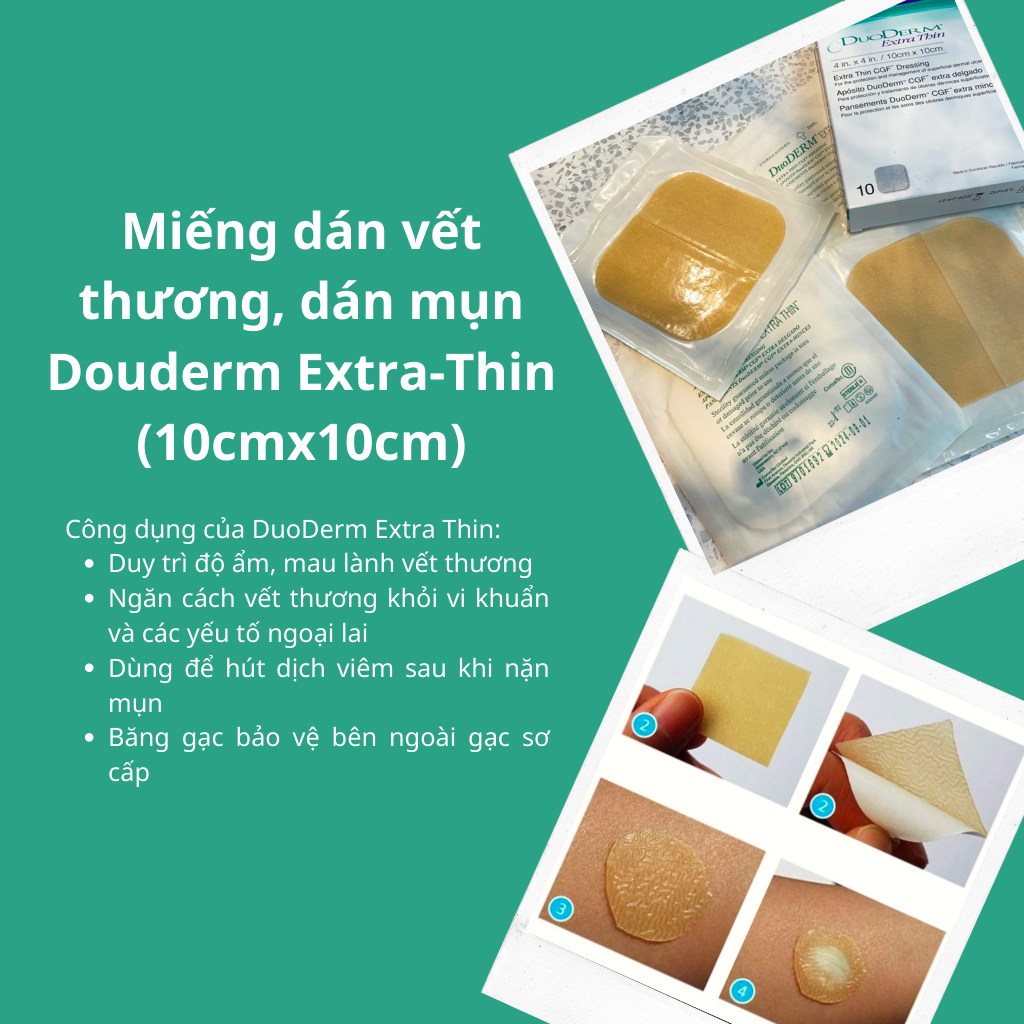 Miếng dán hút mụn, dán vết thương hở Duoderm Extra Thin 10x10cm giảm thâm, ngăn hình. thành sẹo