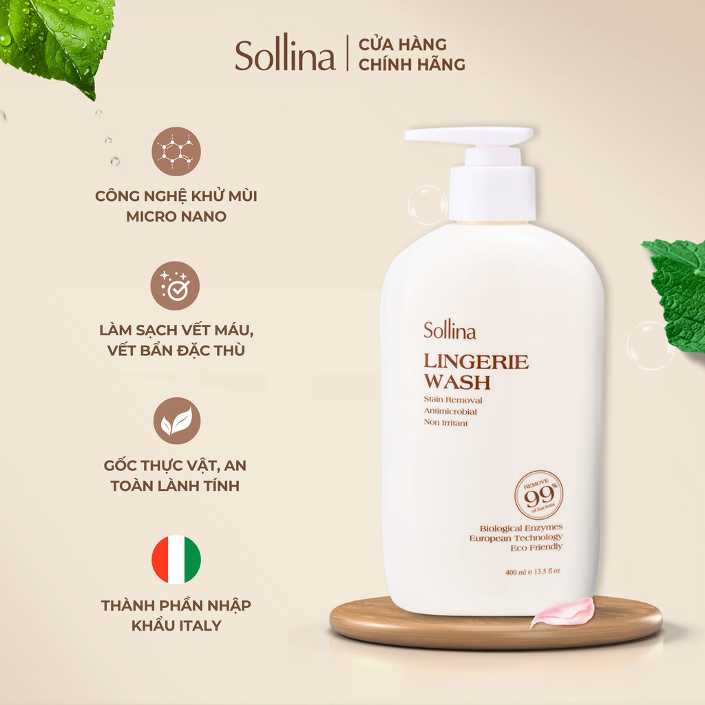 Nước giặt đồ lót gốc thực vật Sollina - công nghệ Micro Nano Italy khử mùi sạch sâu - 400ml/chai