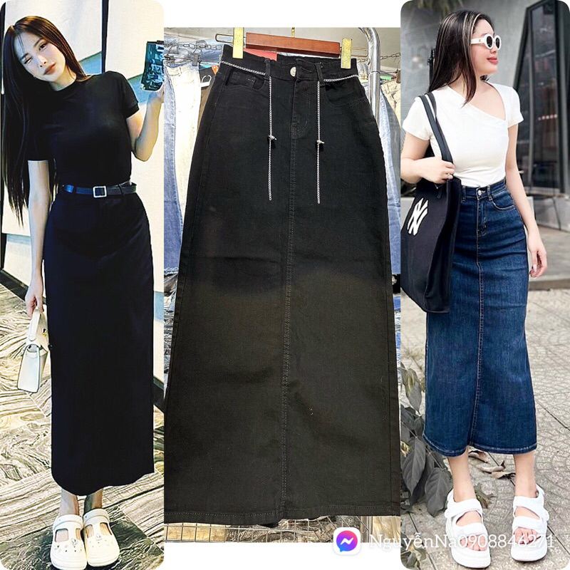 CHÂN VÁY SIÊU DÀI 85cm Jeans cotton Co Giãn Xẻ Sau-Đen/Đậm/Nhạt