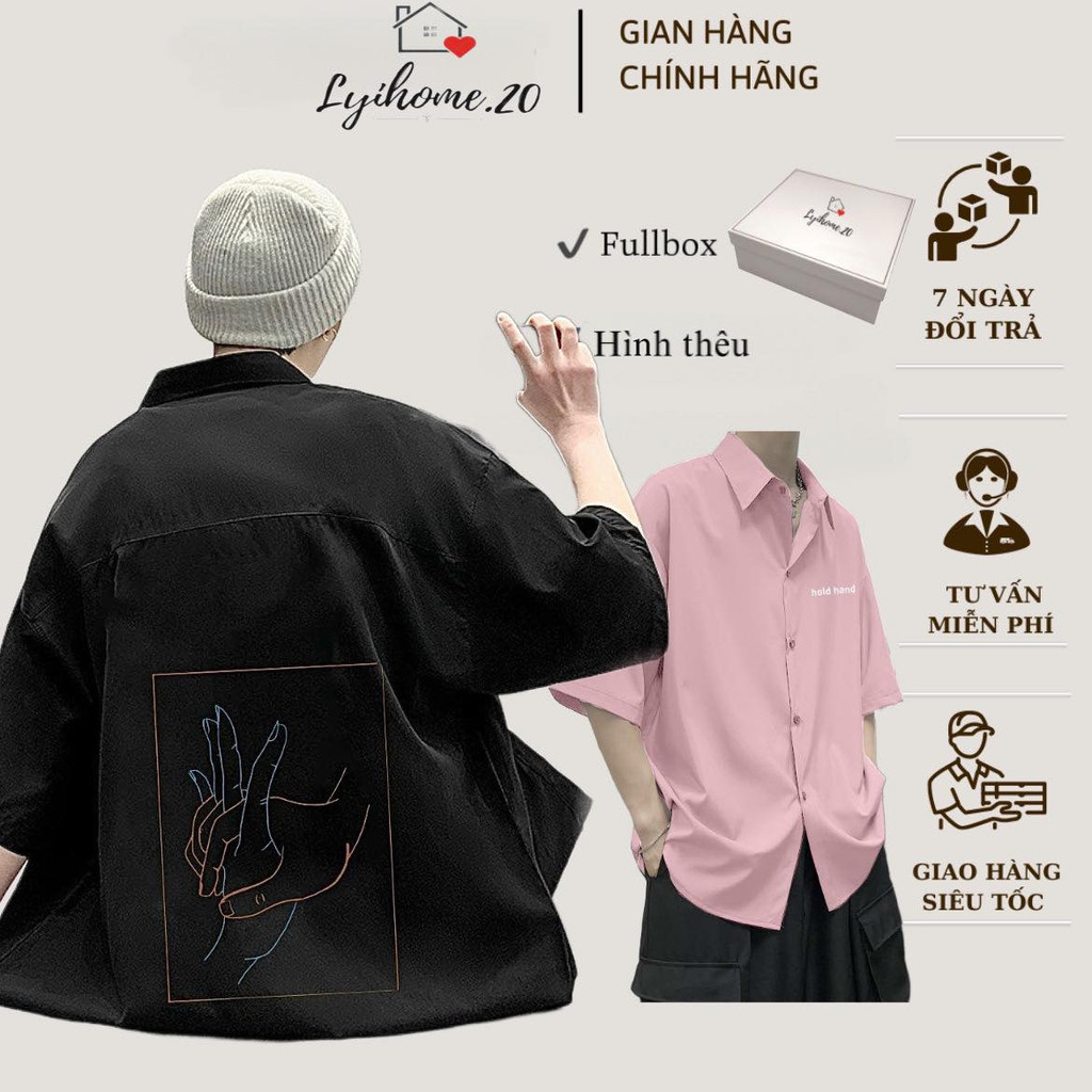 Áo sơ mi cặp đôi nam nữ Lyihome form rộng họa tiết nắm tay cá tính, áo sơ mi chất vải dày dặn lên form chuẩn xinh