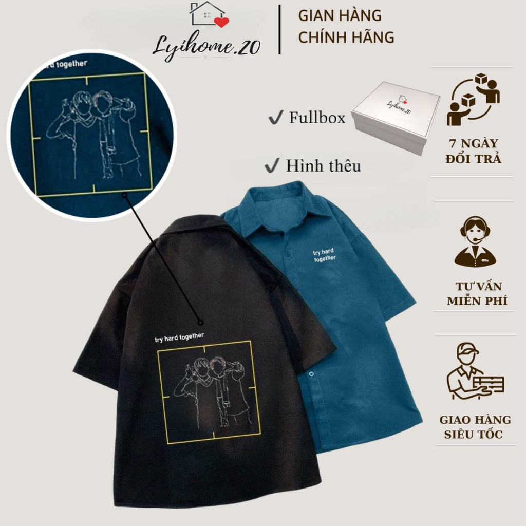 Áo sơ mi unisex nam nữ cặp đôi Lyihome họa tiết thêu sinh động, cá tính, áo form rộng thoải mái xinh xắn thời trang