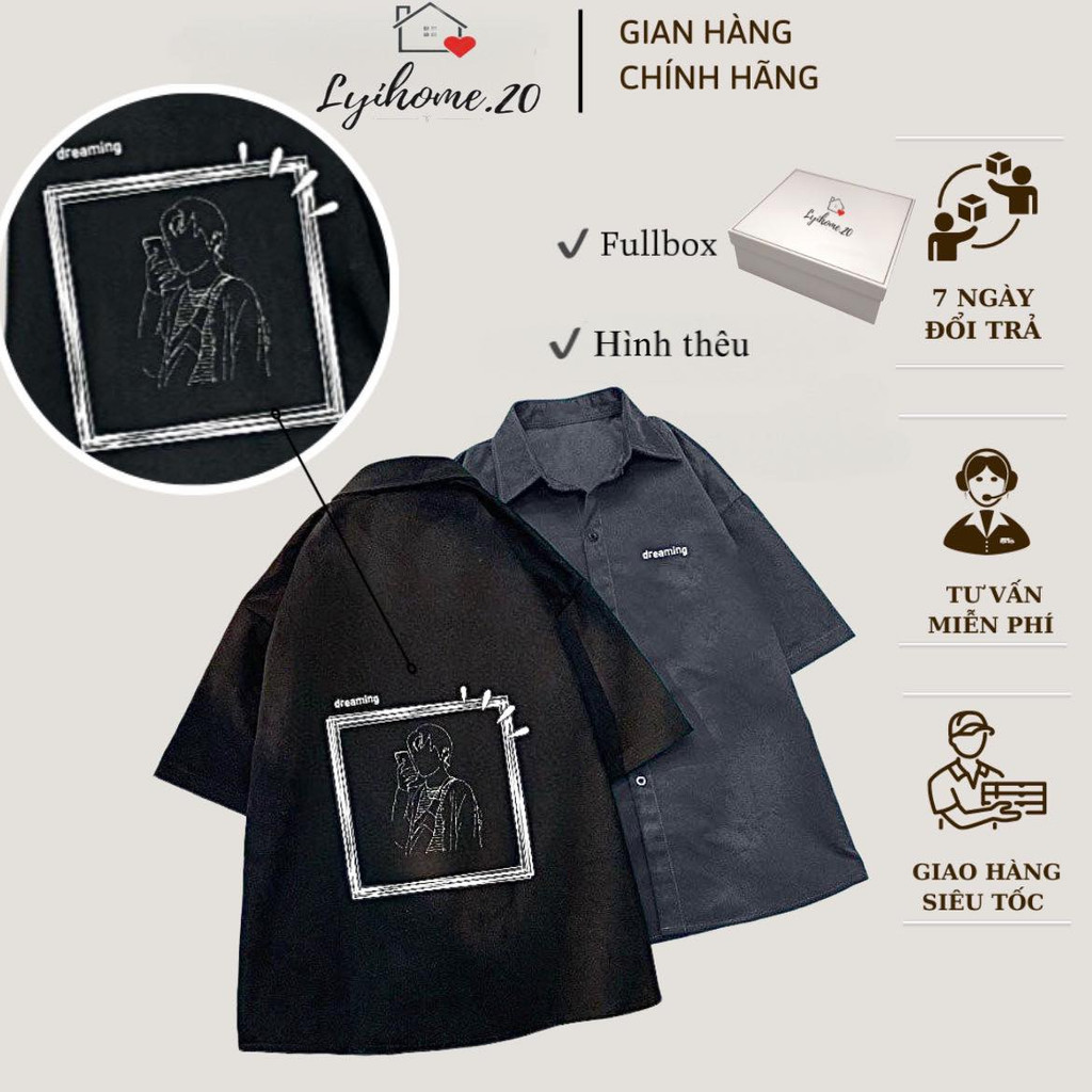 Áo sơ mi Lyihome form rộng dáng dài, hình thêu sau áo cá tính trẻ trung, áo sơ mi phong cách Hàn Quốc