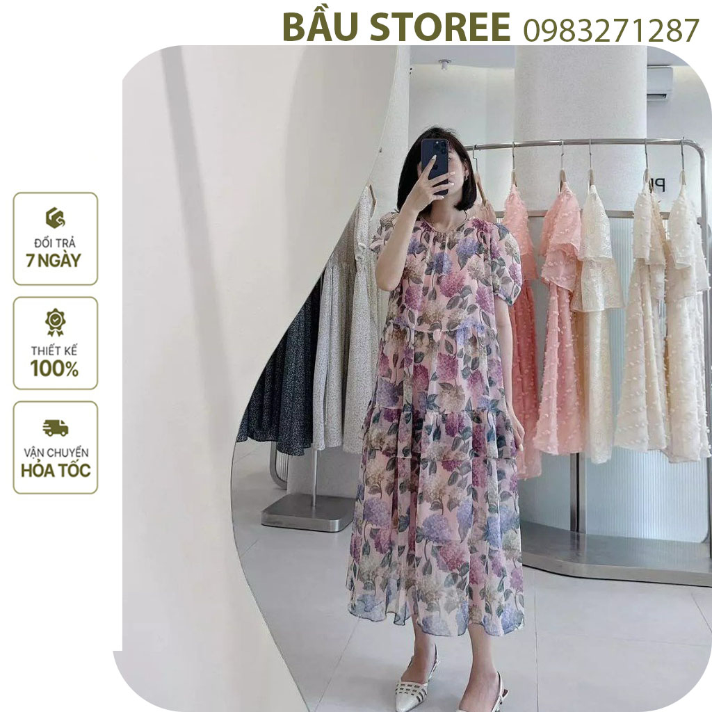VÁY BẦU CÔNG SỞ DỰ TIỆC-ĐẦM BẦU BABAYDOLL DÁNG DÀI FROM SUÔNG VOAN HOA CẨM TÚ CẦU 2 LỚP CỰC XINH