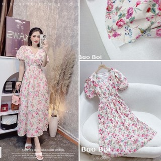 Váy hoa xoè cổ v tay bồng