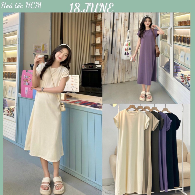 Đầm Thun Tăm Tay Hến Dáng Suông Dài - Váy Thun Tay Hến Dáng Dài Rộng 18June