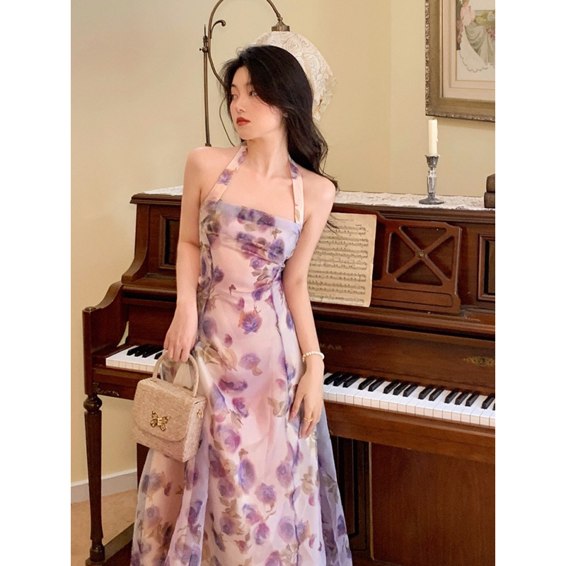 Đầm cổ yếm voan organza hoa tím thắt eo lưng siêu xinh