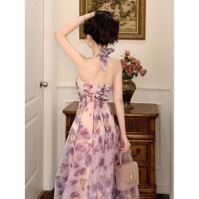 Đầm cổ yếm voan organza hoa tím thắt eo lưng siêu xinh