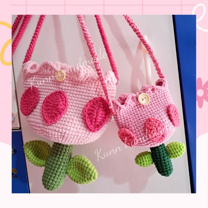 Túi len móc handmade cây hoa tulip dễ thương túi đeo chéo dành cho mẹ và bé gái