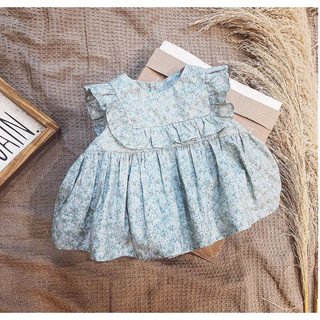 Áo somi babydoll hoa nhí xanh pátel tà cổ bèo