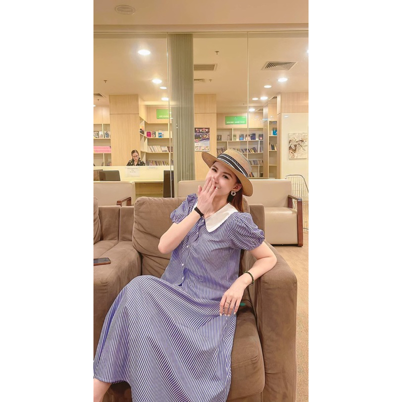 Set kẻ xanh cổ phối trắng ( ảnh thật + video)