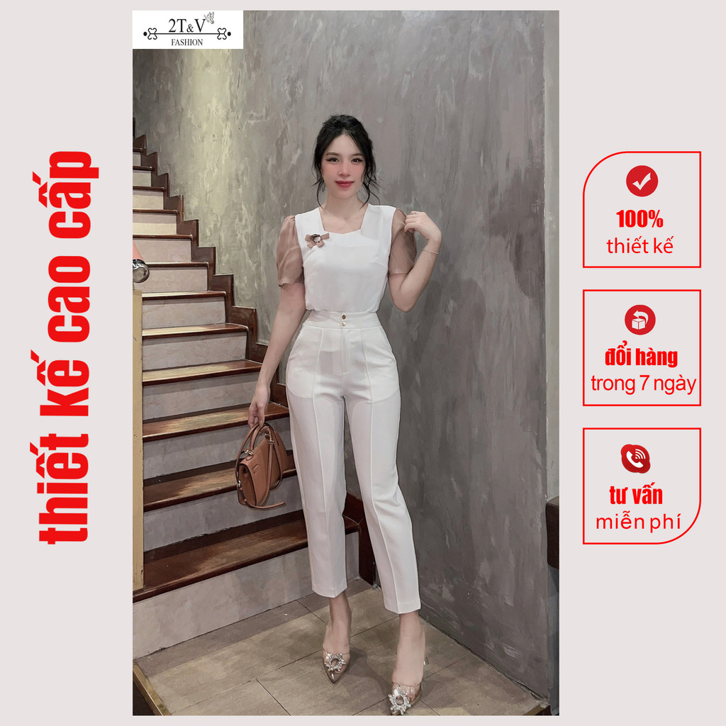 Áo sơ mi công sở nữ 2T&V chất lụa cao cấp,cổ U đính hoa,thiết kế sang trọng tinh tế