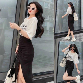 Set áo thun HATE kèm chân váy rút dây xẻ tà