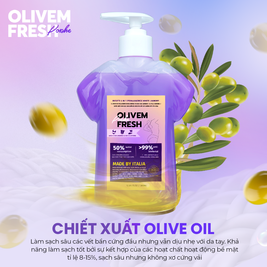 Xuất Xứ Italy- Nước Giặt Đồ Lót Sinh Học Posshe Olivem Fresh 380ml