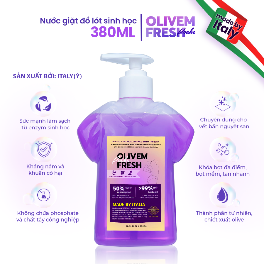 Xuất Xứ Italy- Nước Giặt Đồ Lót Sinh Học Posshe Olivem Fresh 380ml