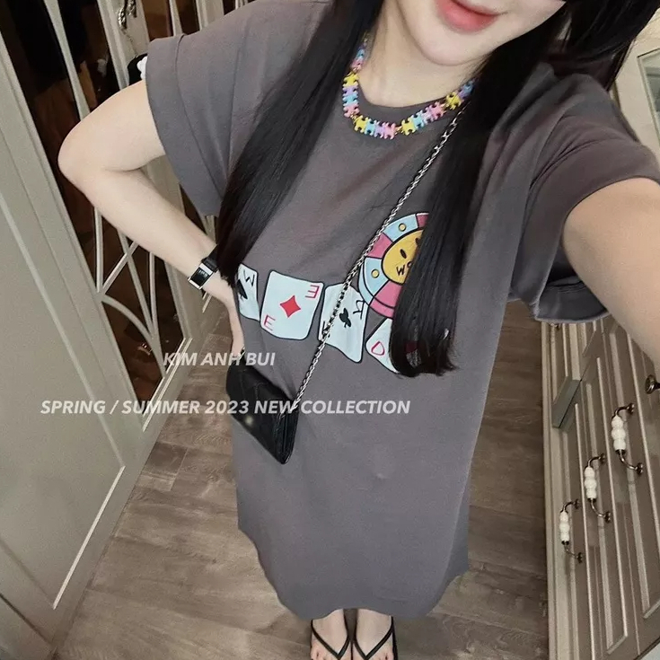 Váy suông hình lá bài KABII, chất vải cotton khô dày thoáng mát form rộng full size