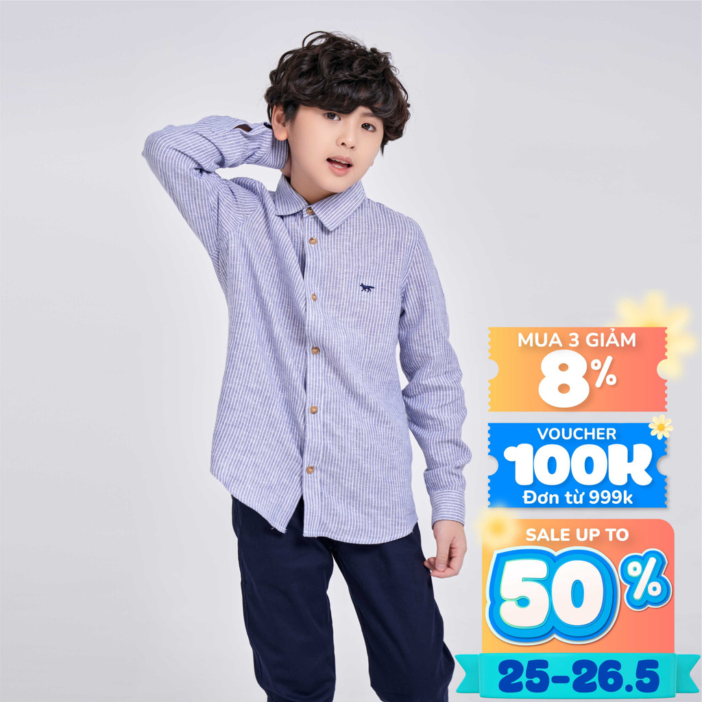 Áo sơ mi bé trai Bigfox - Miss Meow dài tay chất linen mềm mịn họa tiết kẻ sọc xanh size trẻ em 5,6,7,8,9,10,11 tuổi