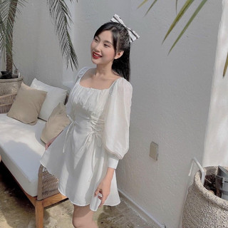 Đầm cổ vuông tay lửng đan eo ảnh thật