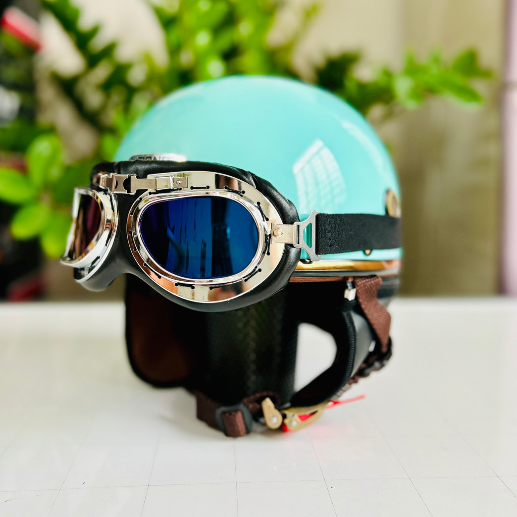 Mũ bảo hiểm 1/2 Rona Pug kèm kính phi công viền bạc size 54-58cm