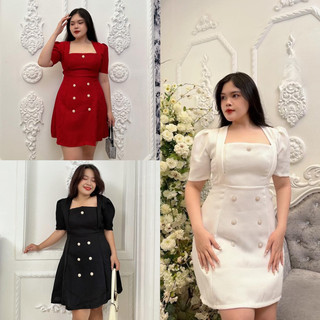 Đầm cổ vuông phối 7 nút