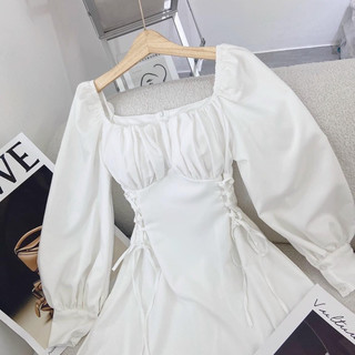Đầm cổ vuông tay lửng đan eo ảnh thật