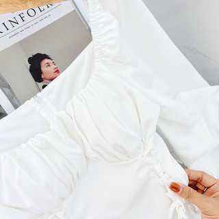 Đầm cổ vuông tay lửng đan eo ảnh thật