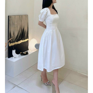 Đầm cổ vuông tay nhíp phồng