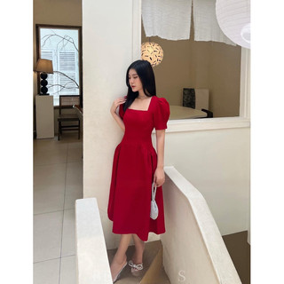 Đầm cổ vuông tay nhíp phồng