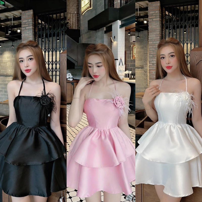 Đầm Dây Tapta Đính Hoa Lông Vũ Dáng Xoè Tầng Cúp Mút Ngực