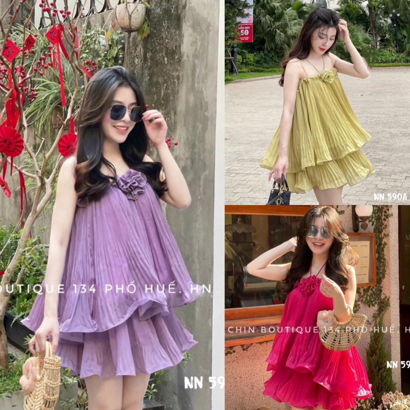 Sét Áo 2 Dây Dập Ly Bồng Bềnh Đính Hoa 3D Kèm Chân Váy Xoè Dập Ly Bồng Bềnh Chuẩn From Loại 1 Mặc Đi Biển Đi Chơi